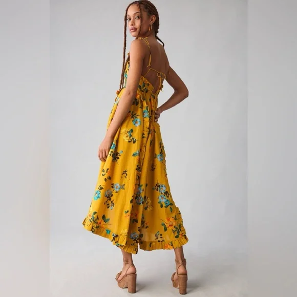 Anthropologie Maeve Maxi Dress High-Low Pleated Boho Yellow Floral Sz 14 - Picture 2 of 9